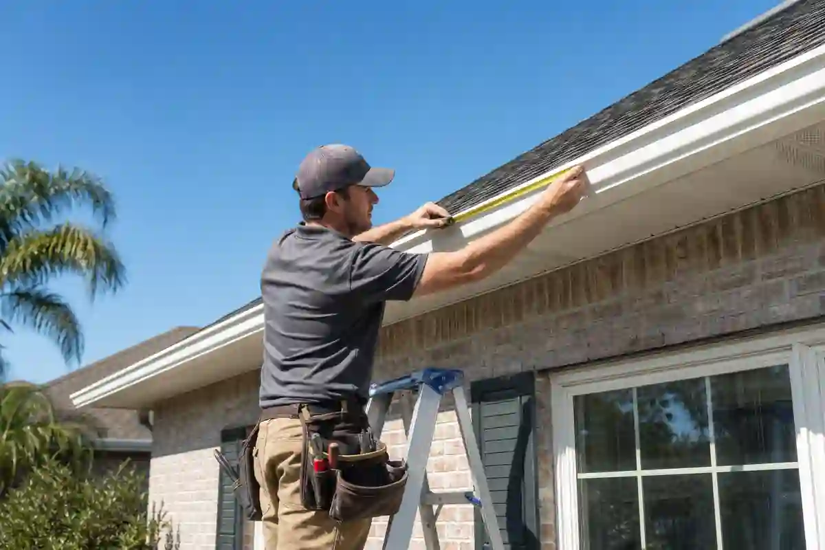 Professional gutter installer measuring the roofline of a Jacksonville-area home