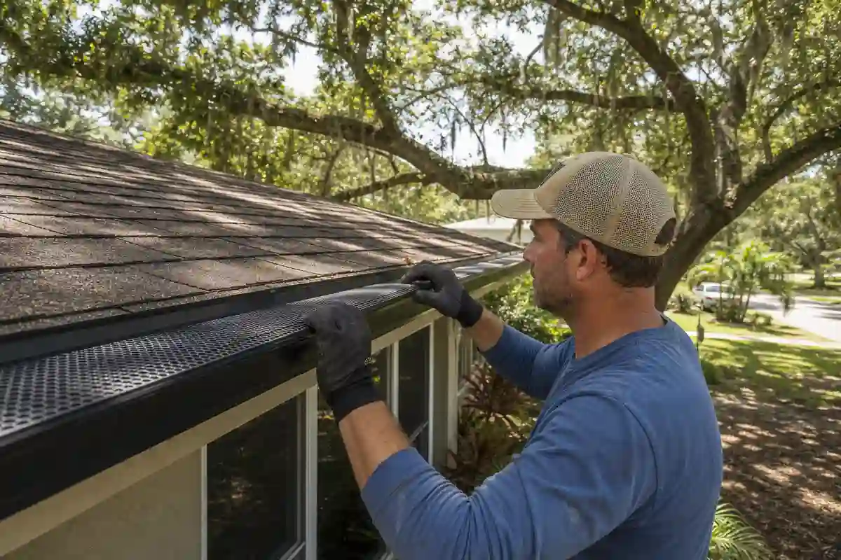 Gutter guard installation on a Jacksonville home surrounded by mature oak trees