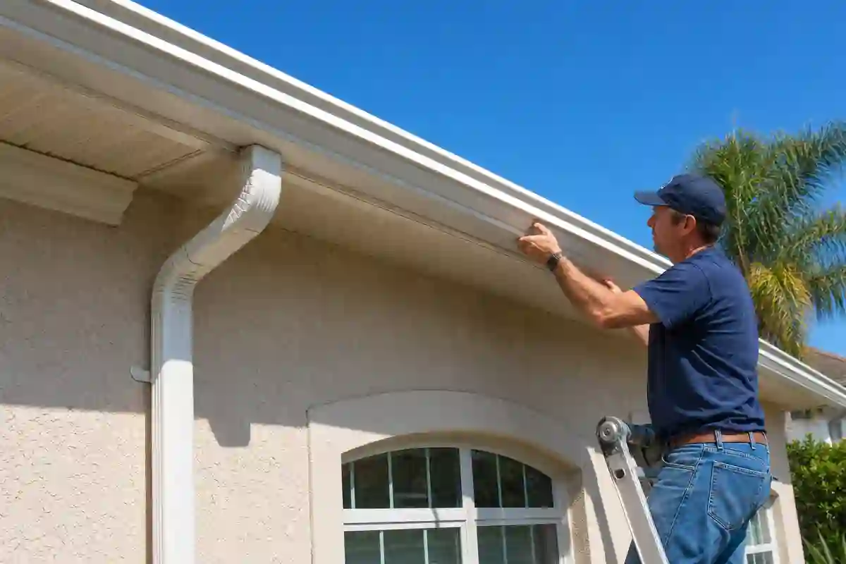 Installer attaching a seamless aluminum gutter to a Florida stucco home