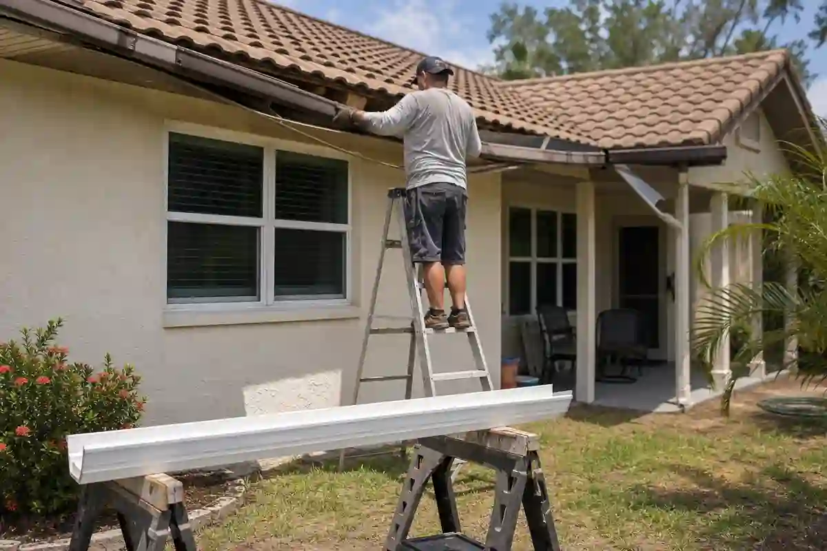 Old sagging gutter being replaced with a new gutter system on a Florida home