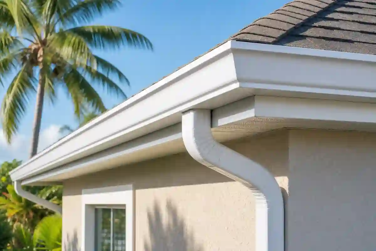 Close-up of a newly installed seamless aluminum gutter, corner, and downspout